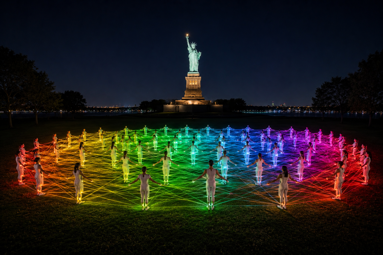 Concept render of a large circle of participants at night connected by glowing rainbow strands of Elastic Light, with the Statue of Liberty in the background